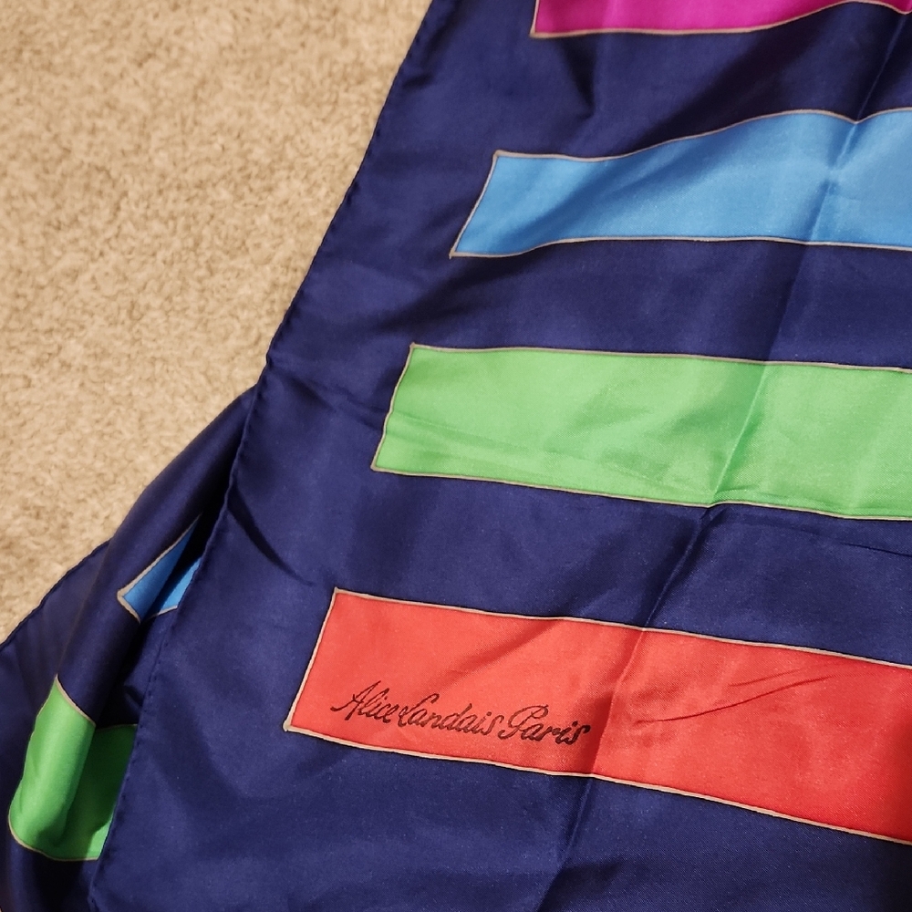 Navy Silk Scarf with Multicolor Stripe Accents